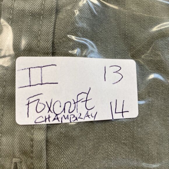 Foxcroft Top Womens 14 Green Tencel Lyocell Chambray Button Up Fringe Hem Grunge - Picture 12 of 12